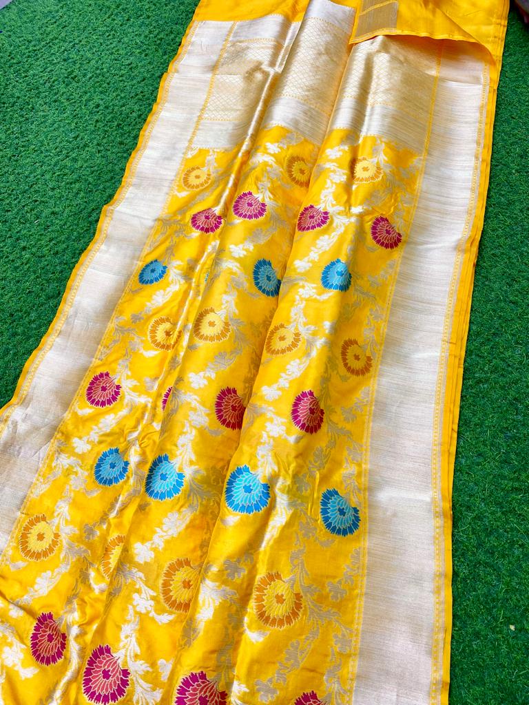 Yellow Banarasi Katan Silk Tilfi Weaving Meenakari Jal Work Saree