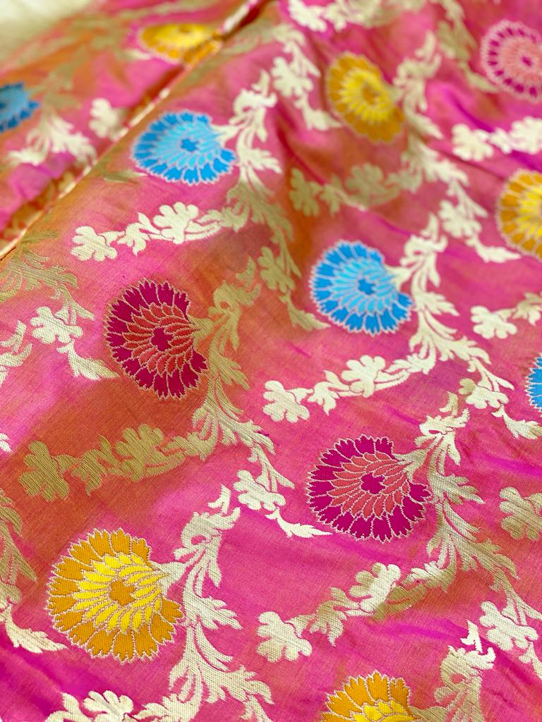 Pink Banarasi Katan Silk Tilfi Weaving Meenakari Jal Work Saree