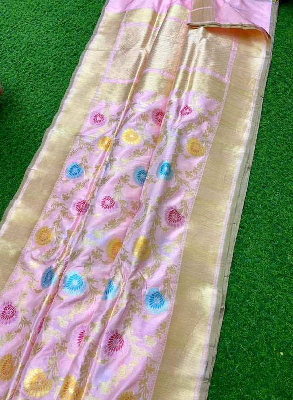 Pastel Pink Banarasi Katan Silk Tilfi Weaving Meenakari Jal Work Saree