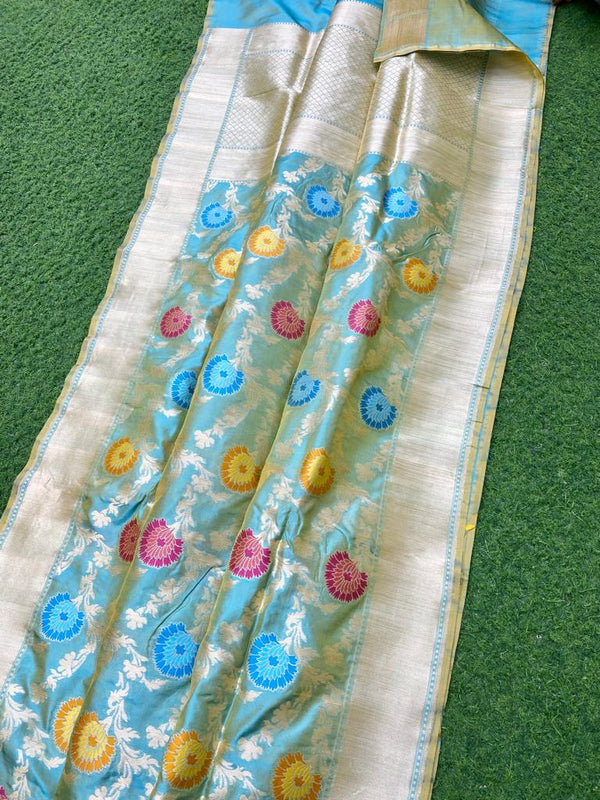 Pastel Blue Banarasi Katan Silk Tilfi Weaving Meenakari Jal Work Saree