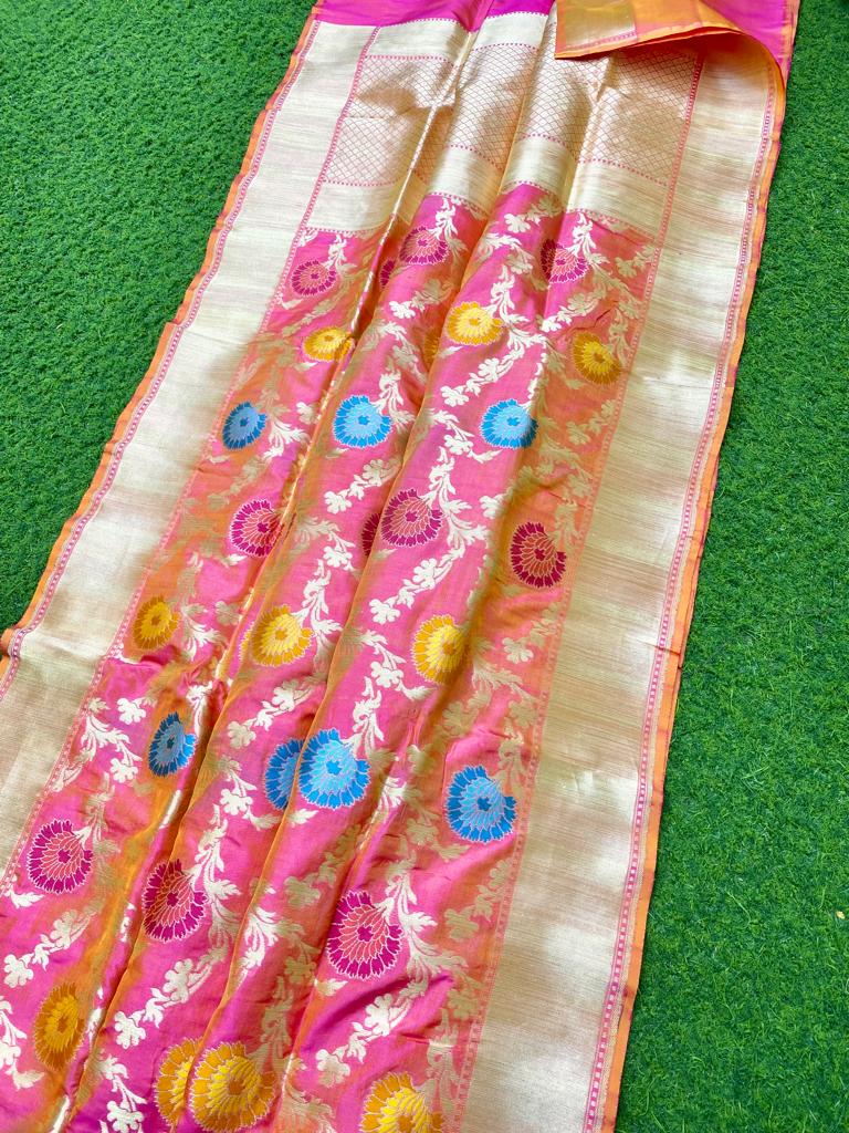 Pink Banarasi Katan Silk Tilfi Weaving Meenakari Jal Work Saree