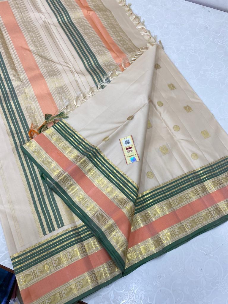 Half White Kanchipuram Pure Silk Saree