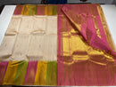 Half White Korvai Seepu Rekku Temple  Border Multi Color with Body Butta Kanchipuram Silk Saree