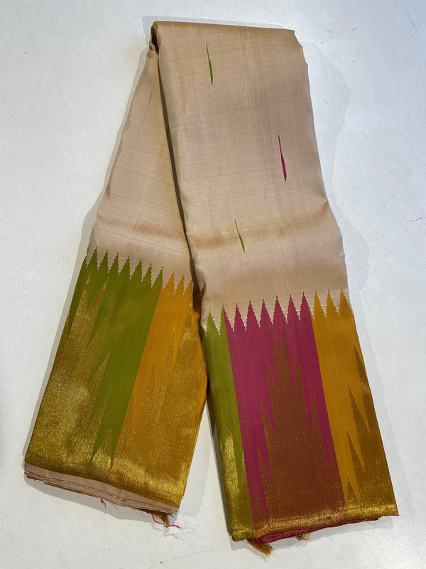 Half White Korvai Seepu Rekku Temple  Border Multi Color with Body Butta Kanchipuram Silk Saree