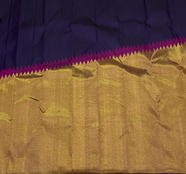 Navy Blue Pink Korvai Raising Temple Border Kanchipuram Silk Saree