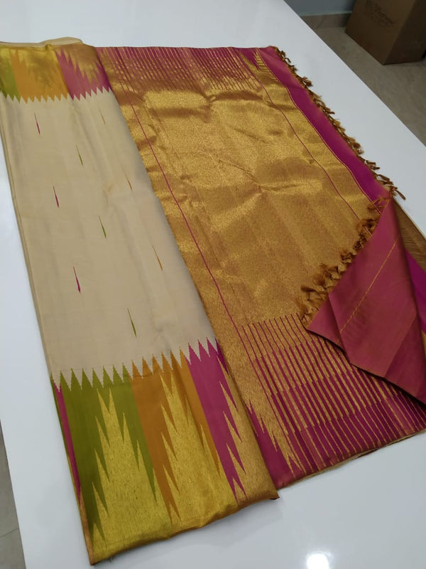 Half White Traditional Korvai Multicolor Temple Border Handloom Kanchipuram Silk Saree