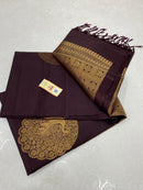 Borderless Brown Soft Silk Saree with Unique Peacock Butta
