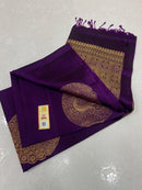 Borderless Purple Soft Silk Saree with Unique Peacock Butta