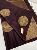 Borderless Brown Soft Silk Saree with Unique Peacock Butta