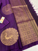 Borderless Purple Soft Silk Saree with Unique Peacock Butta