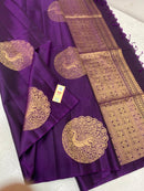 Borderless Purple Soft Silk Saree with Unique Peacock Butta