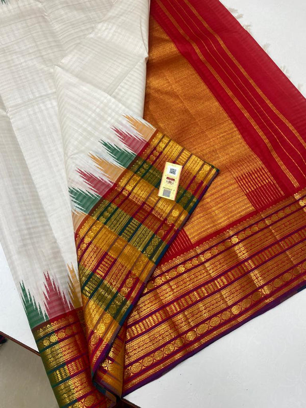 Half White Traditional Korvai Temple Border Handloom Kanchipuram Silk Saree