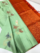 Borderless Pistha Green Pure Handloom Kanchipuram Soft Silk Saree with Butterfly Design Meena Work