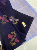 Borderless Navy Blue Pure Handloom Kanchipuram Soft Silk Saree with Butterfly Design Meena Work