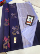 Borderless Navy Blue Pure Handloom Kanchipuram Soft Silk Saree with Butterfly Design Meena Work