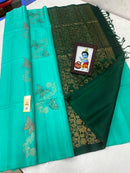 Borderless Teal Blue Pure Handloom Kanchipuram Soft Silk Saree with Butterfly Design Meena Work