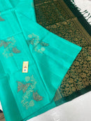 Borderless Teal Blue Pure Handloom Kanchipuram Soft Silk Saree with Butterfly Design Meena Work