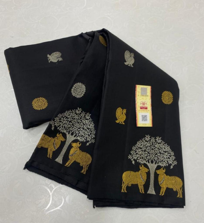 Black Handloom Kanchipuram Silk Saree with Pichwai Zari Design