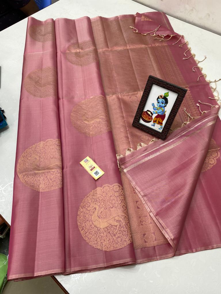 Borderless Baby Pink Soft Silk Saree with Unique Peacock Butta