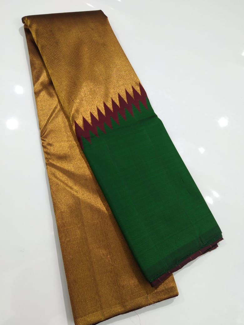 Green Maroon Korvai Raising Temple Border Kanchipuram Silk Saree