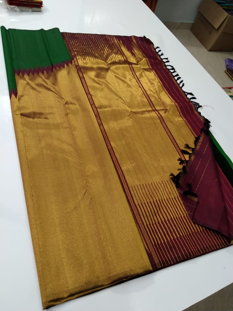 Green Maroon Korvai Raising Temple Border Kanchipuram Silk Saree