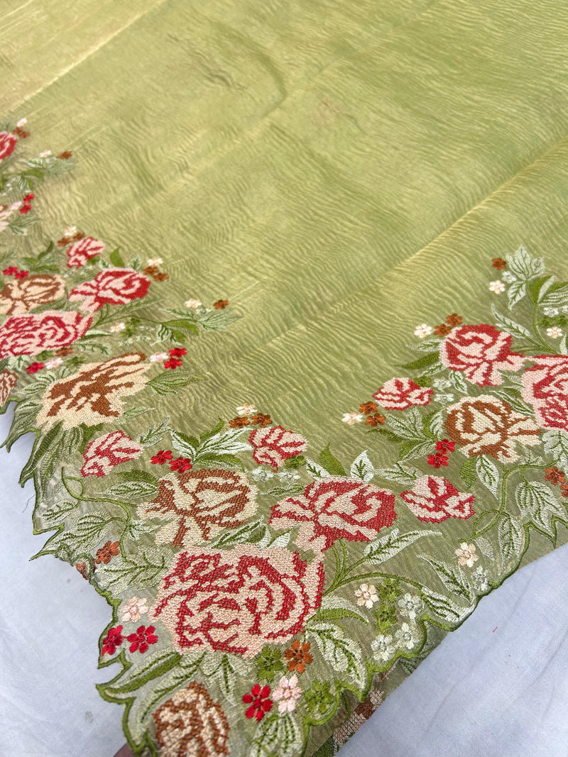 Yellowish Green Crushed Banarasi Pure Kora Tissue Silk Sarees with Embroidery Work