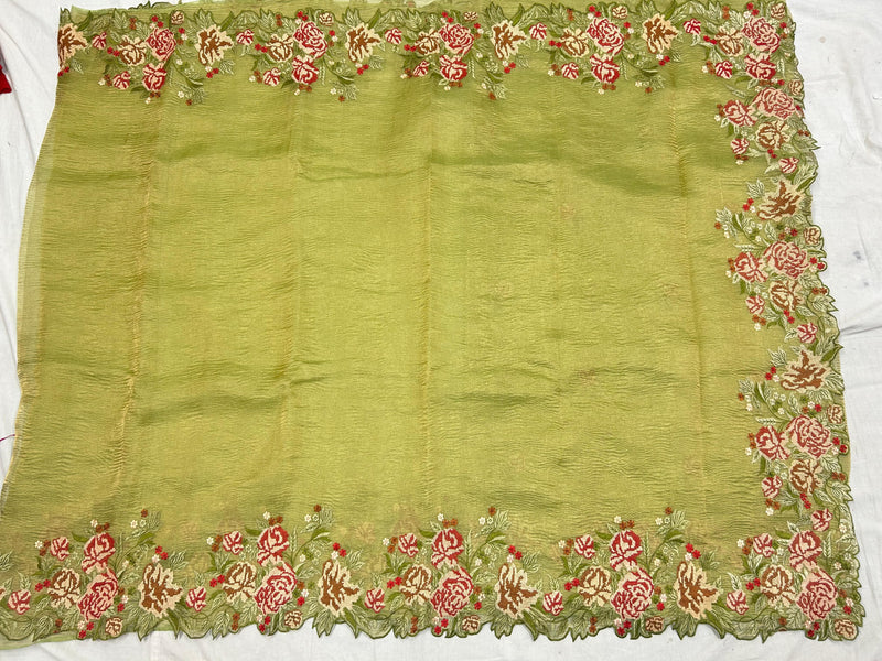 Yellowish Green Crushed Banarasi Pure Kora Tissue Silk Sarees with Embroidery Work