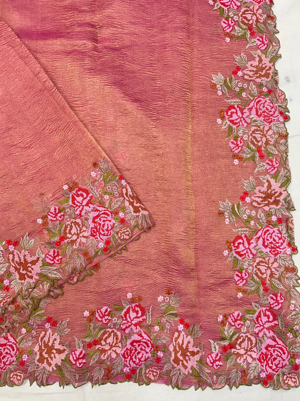 Pink Crushed Banarasi Pure Kora Tissue Silk Sarees with Embroidery Work