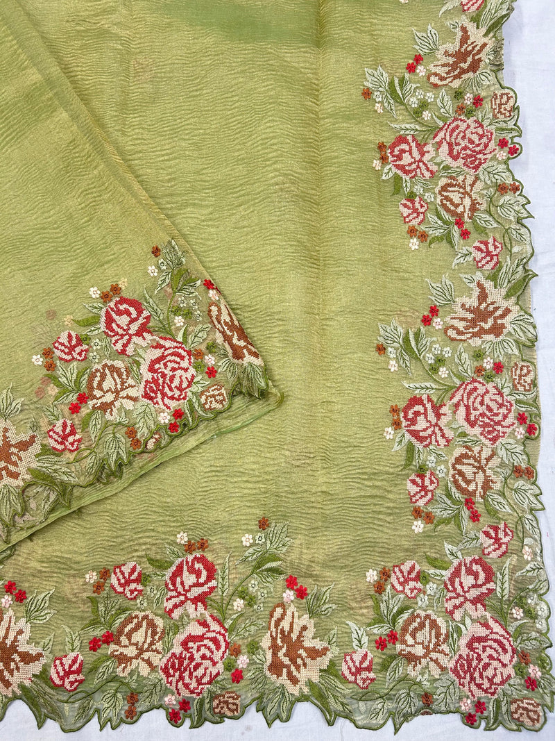 Yellowish Green Crushed Banarasi Pure Kora Tissue Silk Sarees with Embroidery Work