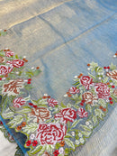 Pastel Blue Crushed Banarasi Pure Kora Tissue Silk Sarees with Embroidery Work