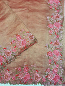 Golden Rust Crushed Banarasi Pure Kora Tissue Silk Sarees with Embroidery Work