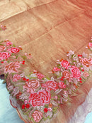 Golden Rust Crushed Banarasi Pure Kora Tissue Silk Sarees with Embroidery Work