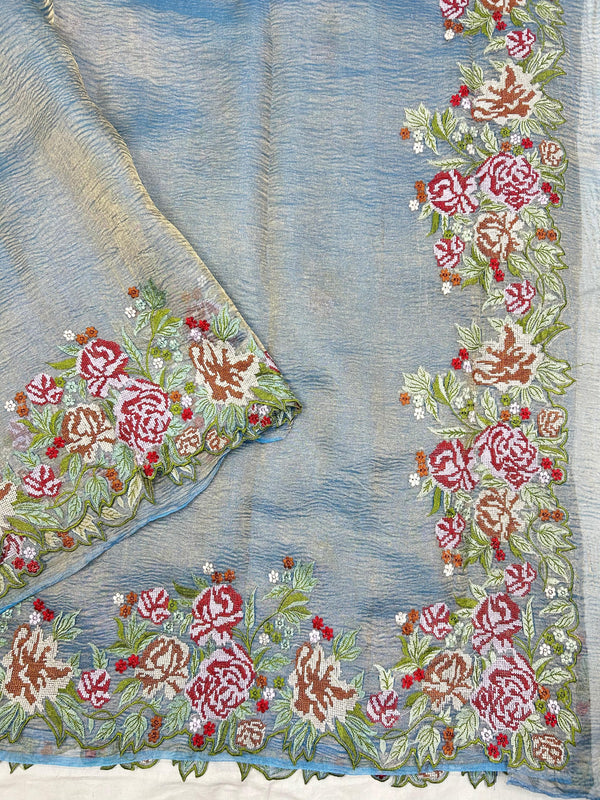 Pastel Blue Crushed Banarasi Pure Kora Tissue Silk Sarees with Embroidery Work