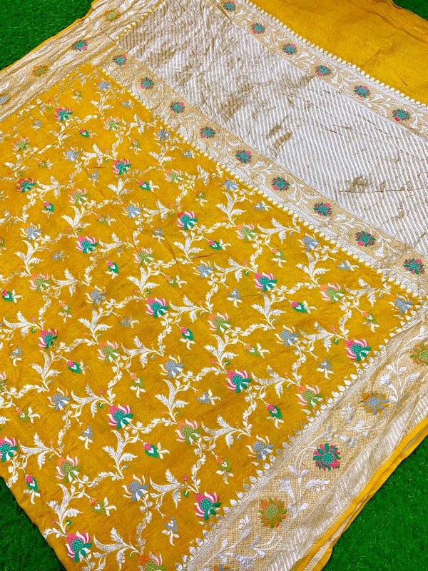 Mustard Yellow Pure Banarasi Tussar Georgette Silk Saree with Tilfi Meenakari Work