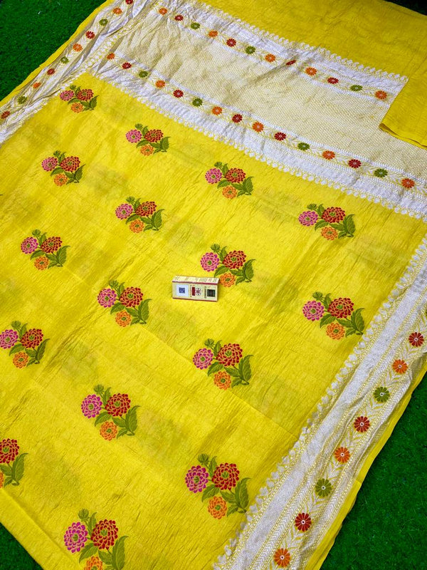 Yellow Pure Banarasi Tussar Georgette Silk Saree with Tilfi Meenakari Work