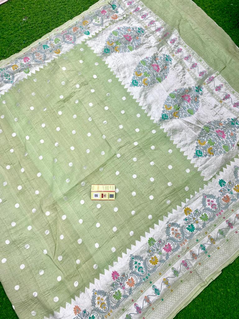 Pistha Green Pure Banarasi Tussar Georgette Silk Saree with Tilfi Meenakari Work