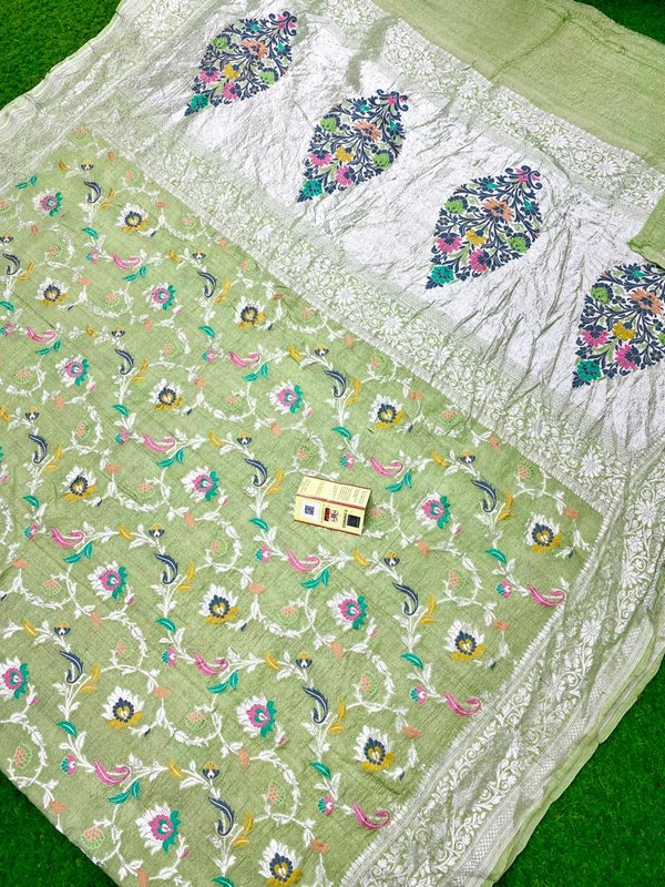 Pistha Green Pure Banarasi Tussar Georgette Silk Saree with Tilfi Meenakari Work