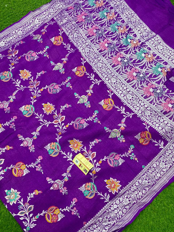 Purple Pure Banarasi Tussar Georgette Silk Saree with Tilfi Meenakari Work