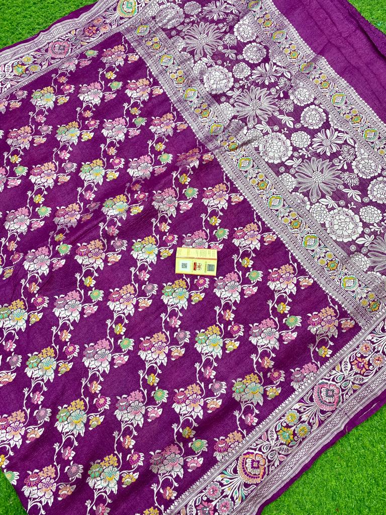 Magenta Purple Pure Banarasi Tussar Georgette Silk Saree with Tilfi Meenakari Work