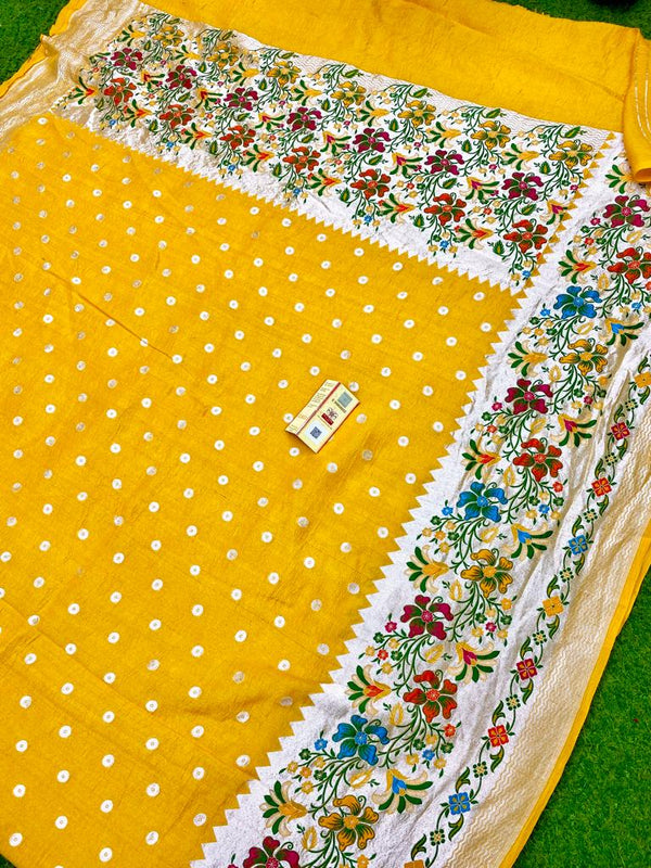 Yellow Pure Banarasi Tussar Georgette Silk Saree with Tilfi Meenakari Work