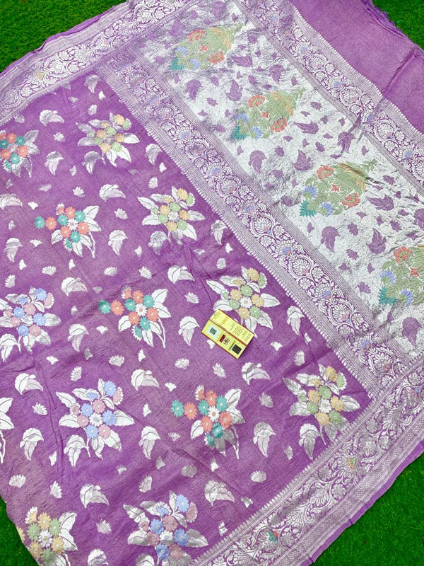Lavender Pure Banarasi Tussar Georgette Silk Saree with Tilfi Meenakari Work