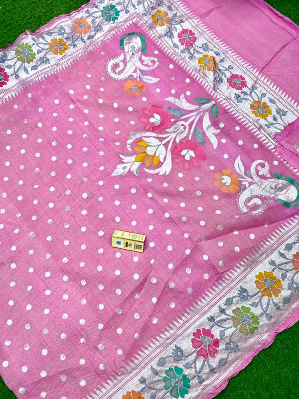 Pink Pure Banarasi Tussar Georgette Silk Saree with Tilfi Meenakari Work