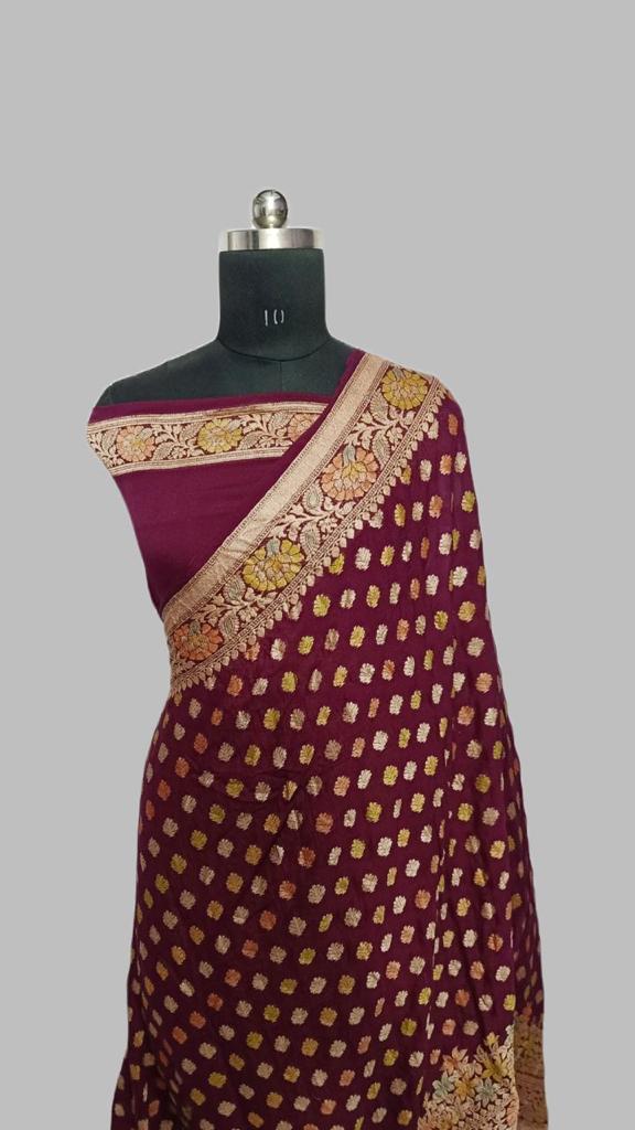 Maroon Brush Painted Pure  Banarasi Khaddi Chiffon Silk Saree