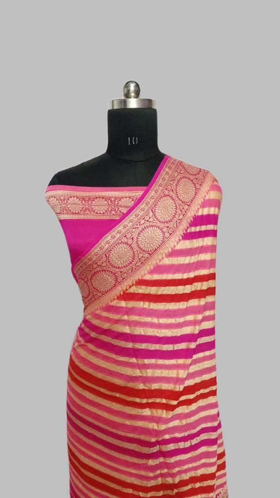 Multi Colour Pink Brush Painted Pure  Banarasi Khaddi Chiffon Silk Saree