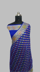 Royal Blue Brush Painted Pure  Banarasi Khaddi Chiffon Silk Saree