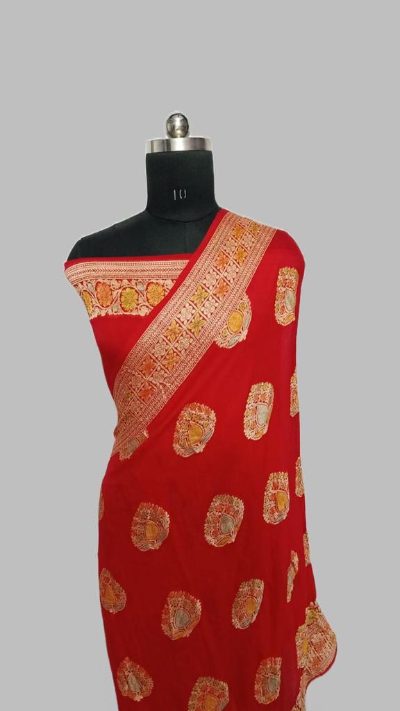 Brush Painted Red Pure  Banarasi Khaddi Chiffon Silk Saree