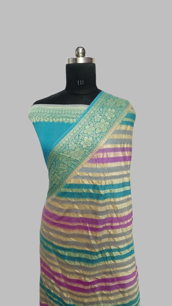 Multi Colour Brush Painted Pure  Banarasi Khaddi Chiffon Silk Saree
