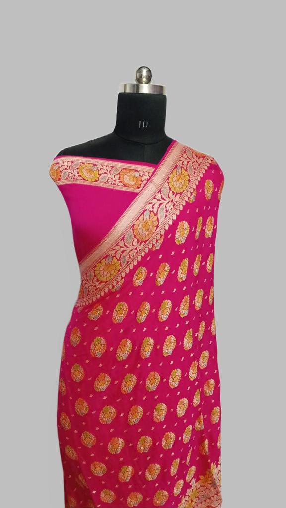 Brush Painted Pink Pure  Banarasi Khaddi Chiffon Silk Saree