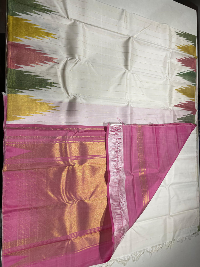 Half White Temple Border Zari Lines Pure  Handloom Kanchipuram Silk Saree