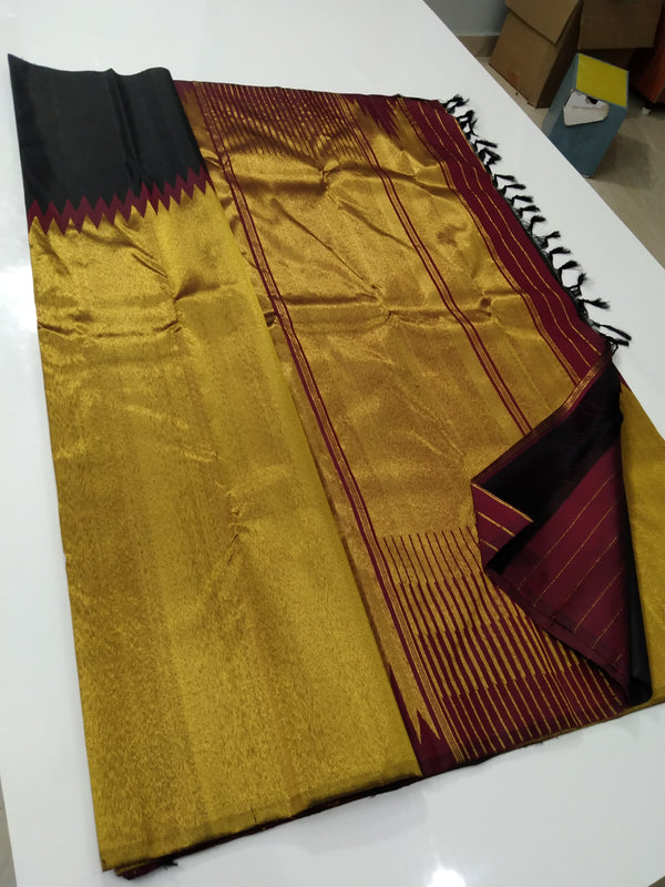 Black Maroon Korvai Raising Temple Border Kanchipuram Silk Saree